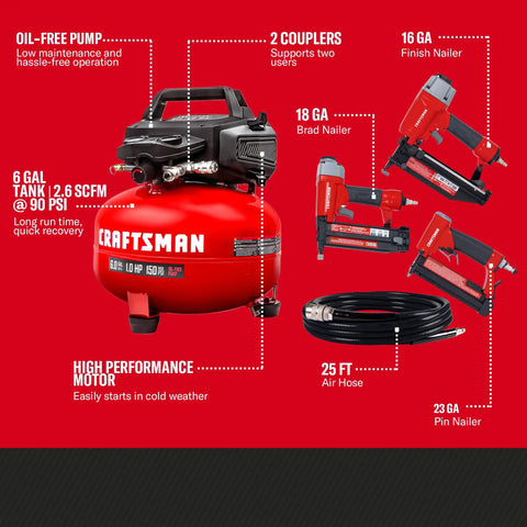 Craftsman 6 Gallon Pancake Air Compressor With Nailer Combo Kit Oil Free Portable Air Tool Set Perfect For Home DIY Fraternity Dorm Projects And Finish Carpentry Work Up To 150 Psi