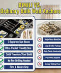 Three Size Self Drilling Drywall Anchors Kit with zinc plated metal anchors comparison chart, three organized boxes visible