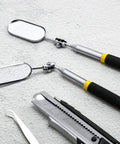 Pair Of Telescoping Inspection Mirrors Extend To 28 Inches With 360 Degree Rotation And Detachable Pocket Mirror For Eyelash Extensions Techs Mechanics And Vehicle Small Parts, shown with black handles and yellow accents on a gray surface.