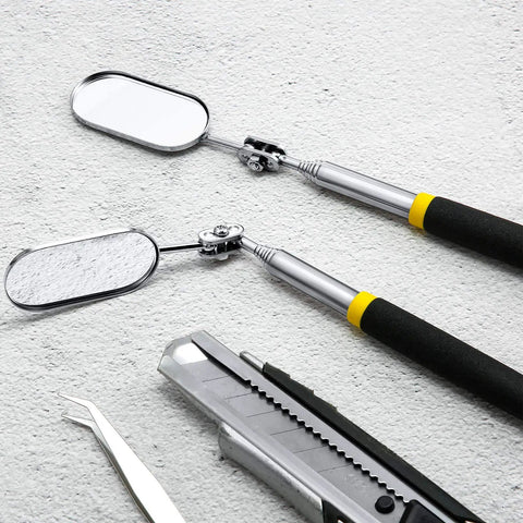 Pair Of Telescoping Inspection Mirrors Extend To 28 Inches With 360 Degree Rotation And Detachable Pocket Mirror For Eyelash Extensions Techs Mechanics And Vehicle Small Parts, shown with black handles and yellow accents on a gray surface.