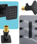 Sleek Matte Black Ceiling Rain Shower System With 24X32 Inch Led Spray Head, Thermostatic Mixer Valve, Adjustable Body Jets And Three Way Waterfall Mist Spray For A Top Shelf Bathroom Glow Up, featuring square and diamond spray heads.