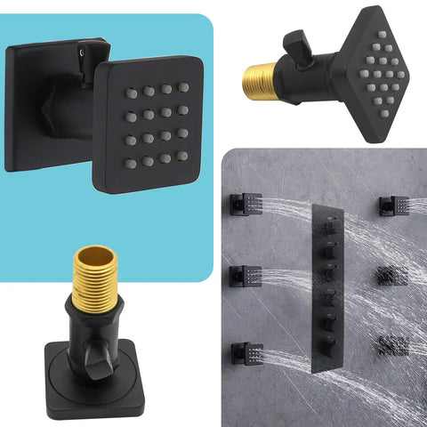 Sleek Matte Black Ceiling Rain Shower System With 24X32 Inch Led Spray Head, Thermostatic Mixer Valve, Adjustable Body Jets And Three Way Waterfall Mist Spray For A Top Shelf Bathroom Glow Up, featuring square and diamond spray heads.