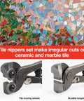 Two-view image of 2-piece tile nippers set; dark gray metal pliers with soft-grip handles for ceramic/mosaic tile