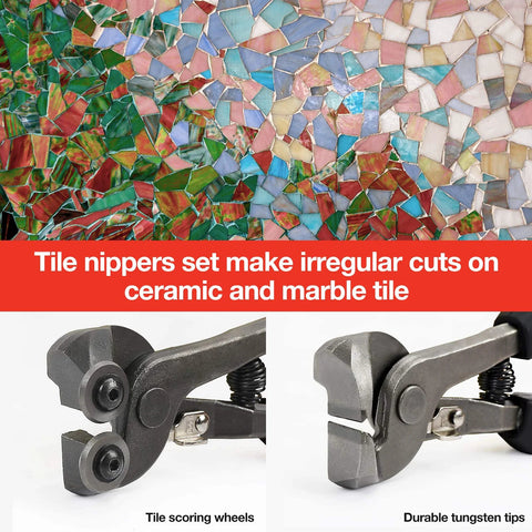 Two-view image of 2-piece tile nippers set; dark gray metal pliers with soft-grip handles for ceramic/mosaic tile