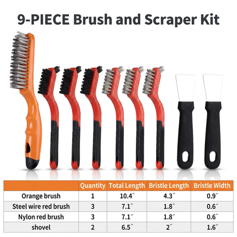 9 Piece Heavy Duty Wire Brush Kit With Stainless Steel And Nylon Scrubbers 2 Metal Paint Scrapers Ergonomic Hand Scrubbers