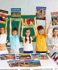 Students holding colorful Civilizations Poster Pack For World History And Social Studies Classrooms with 14 posters on table