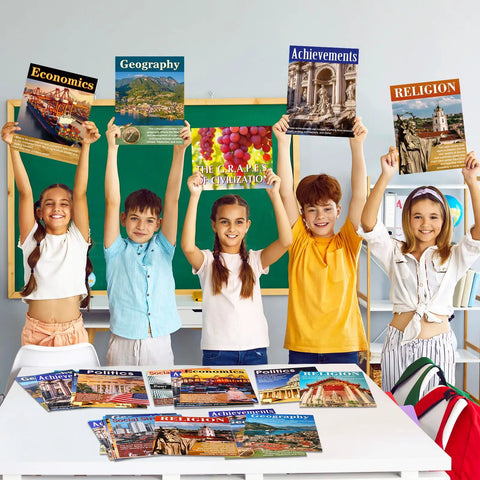 Students holding colorful Civilizations Poster Pack For World History And Social Studies Classrooms with 14 posters on table