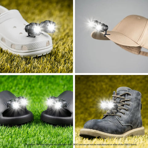 4 Pack USB Rechargeable Clip On Headlights For Clogs Shoes And Sandals, Adjustable Light For Kids And Adults on footwear