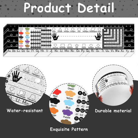 48 Pack Black White Painted Dots Classroom Name Plates Desk Name Tags For Kids Alphabet And Multiplication Desk Markers Easy Label Solution For Students Bulletin Board Decor And School Office Supplies with product detail showing ruler, multiplication table, and colored dots.