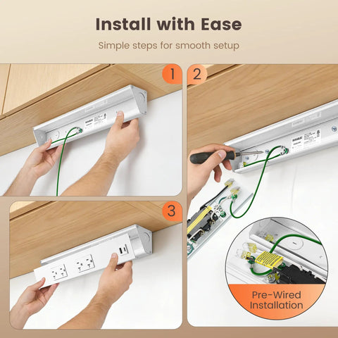 Installation process of Under Cabinet Hardwired Power Strip With 16 Inch Angled Trapezoid Design, prewired for easy setup