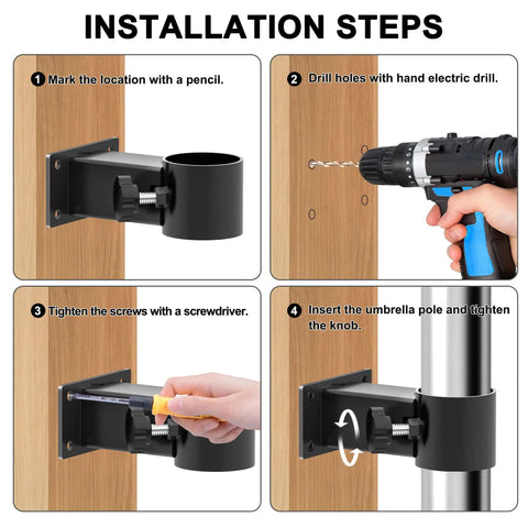 Heavy Duty Adjustable Patio Umbrella Holder Clamp Stand For Railing Mount Attaches To Balcony Courtyard And Boat Rails Outdoor Patio Holds One Umbrella With Two Fixed Knobs Inside Deck Mount Keeps Walkways Clear installation steps