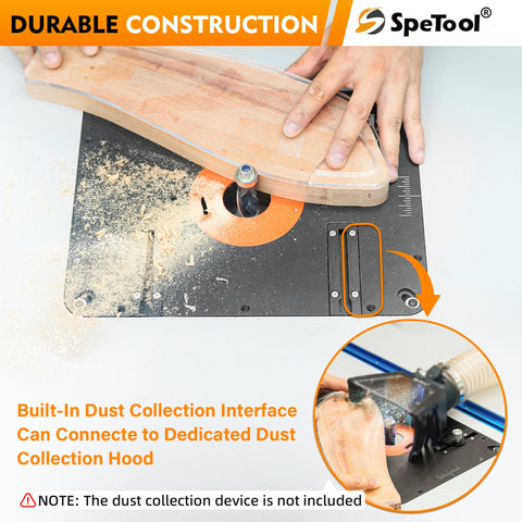 Hands using Beefy Heavy Duty Aluminum Router Lift Kit For 1.25 HP 2.25 HP And 3.25 HP Routers with dust collection interface