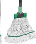 Heavy Duty Mop With Extended Reach Handle A Heavy Lifter For Knocking Out Sticky Spills And Greasy Workshop Floors Without Breaking A Sweat, showing adjustable pole and cotton head.