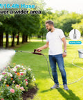 Man using Electric Sprayer Wand With 31 Inch Telescoping Pole, 3 Adjustable Pressures, Battery Powered Garden Sprayer, 16.4Ft Hose