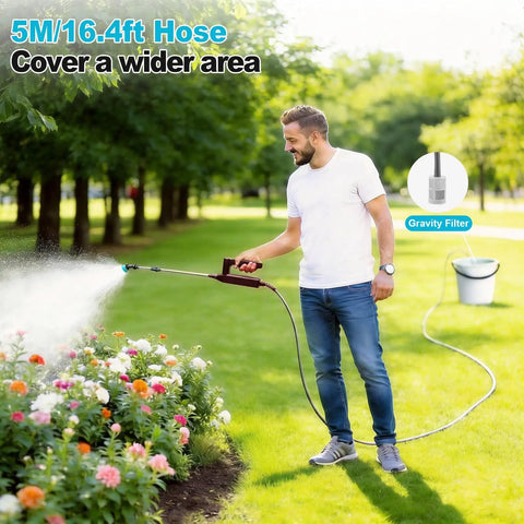 Man using Electric Sprayer Wand With 31 Inch Telescoping Pole, 3 Adjustable Pressures, Battery Powered Garden Sprayer, 16.4Ft Hose