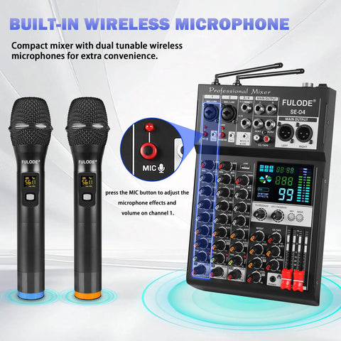 4 Channel Audio Mixer With Dual Wireless Microphone System 99 DSP Effects Pro DJ Console For Recording Bluetooth