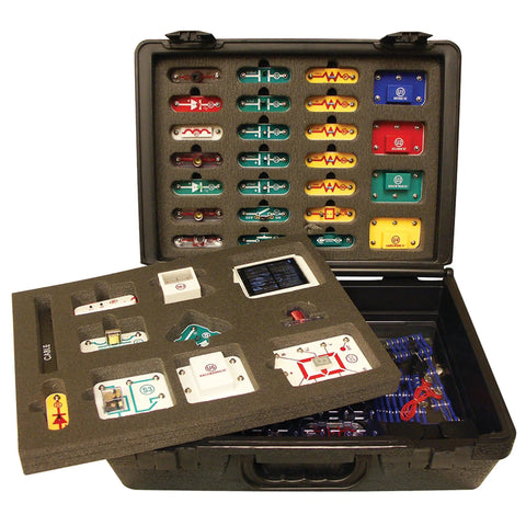Extreme Electronics Exploration Kit For Kids 8 Plus in a case with various colorful components for learning electrical engineering basics.