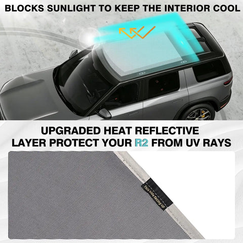 Custom Foldable Roof Sunshade For Rivian R2 Gray Heat Reflective Cover on vehicle windshield blocking sunlight.