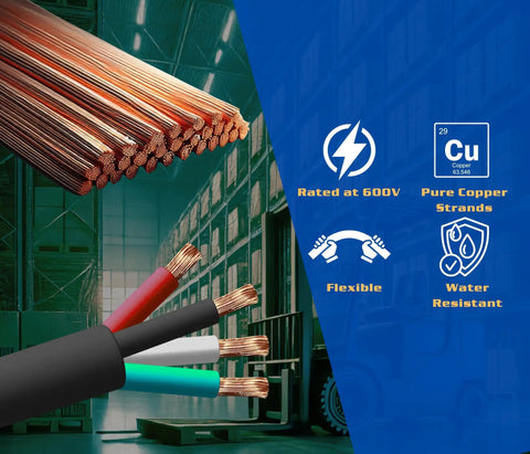 Rock Solid 30 Foot 8 4 SOW Cable Wire 8 Gauge Four Conductor 600 Volt Portable Extension Cord For EV Chargers Motors and Heavy Equipment with copper strands.