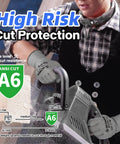 Person using a saw wearing 12 Pairs Cut Resistant Work Gloves ANSI A6/A7 CR7120 Touchscreen Grip Ready Built Tough Hand Protection