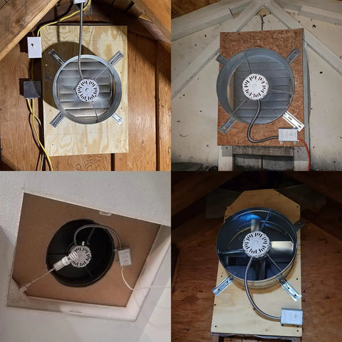 White Attic Fan Replacement Motor Kit for Lomanco 2000 Series installed in various attic settings, showing F0510B2944 power unit.