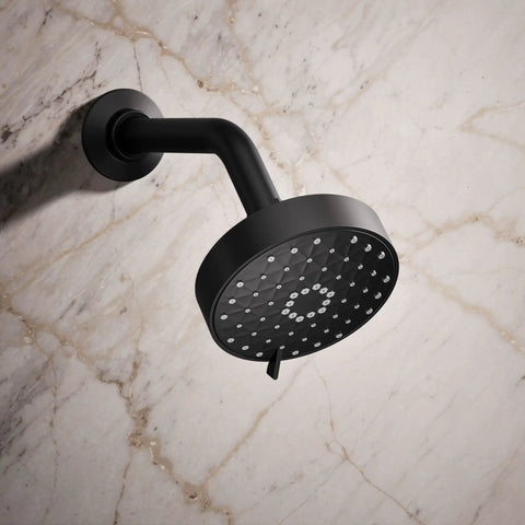 Awaken G110 Three Function Showerhead With Wall Mount, oil rubbed bronze finish, mounted on marble wall background.
