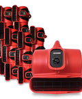 Heavy Duty 1/3 HP Air Mover And Carpet Dryer Utility Blower Fan For Rapid Flood Cleanup stacked in light red color with black grille vents.