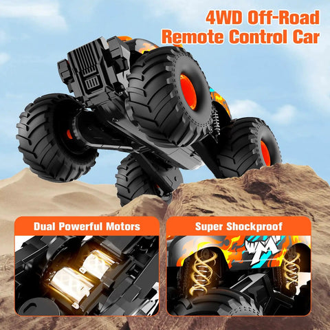 Remote Control Monster Truck Toy 4WD Waterproof Off Road RC Car climbing rocks with dual motors and shockproof suspension