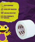 Beast Tough White Duct Tape 3 Inch By 30 Yard Heavy Duty Waterproof Tape next to a cartoon figure with product features listed.