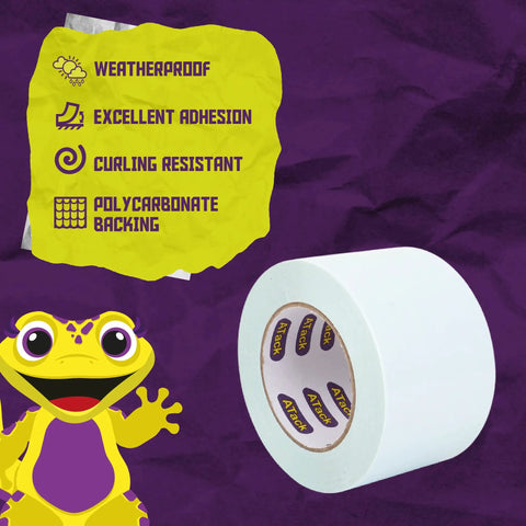 Beast Tough White Duct Tape 3 Inch By 30 Yard Heavy Duty Waterproof Tape next to a cartoon figure with product features listed.