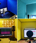 Portable Desktop Vocal Booth And Soundproof Recording Isolation Shield with foam panels in blue, green, yellow, and beige.