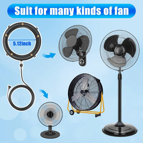 Turn Any Outdoor Fan Into A Chill Mist Mister Kit With 19.69 Ft Water Line 5 Brass Nozzles And Adjustable Valve For Serious Patio Cooling Easy Install Fan Not Included showing compatibility with various fan types