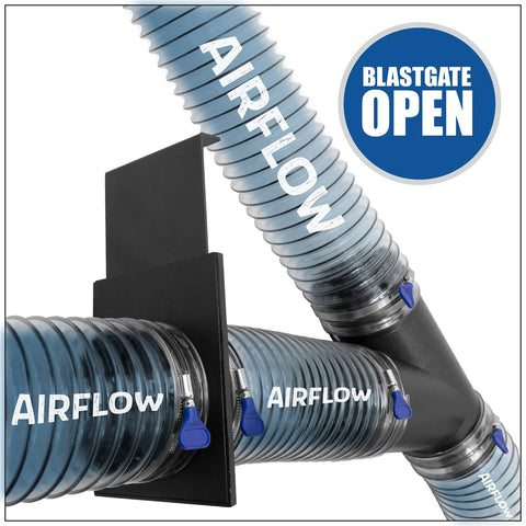 Six Pack 4 Inch Blast Gates With Double Sided Ports For Dust Collection Systems And Shop Vacuums With 4 Inch Hoses Open Showing Airflow