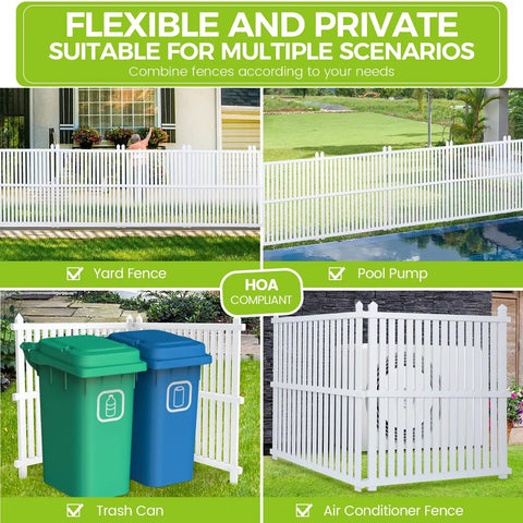 Outdoor Privacy Fence Panels Kit 48x48 Inch White Vinyl Slat Fence for AC unit and trash can enclosure in multiple scenarios