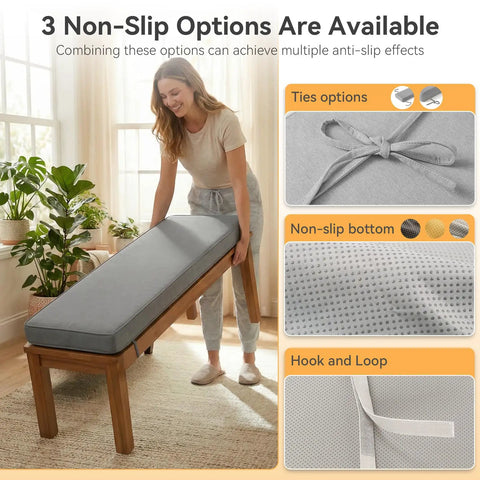 Woman setting Custom Bench Cushions For Window Seats And Benches With Non Slip Bottom Waterproof Indoor Outdoor Cushions That Stay Put