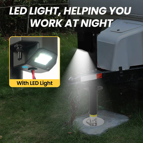 Beefy 12V Tongue Jack 4000 Lb A Frame Trailer Jack With 18 Inch Travel Drop Foot LED Light highlighting RV hitch at night
