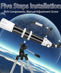 Exploded view of 90mm Refractor Telescope With 900mm Focal Length For Adults And Beginners, AZ mount on tripod