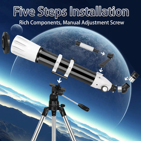Exploded view of 90mm Refractor Telescope With 900mm Focal Length For Adults And Beginners, AZ mount on tripod