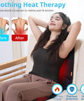 Woman using Ten Vibrating Motors Massage Seat Cushion With Heat on chair for pain relief, showing before and after benefits