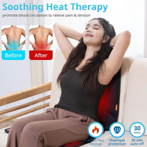 Woman using Ten Vibrating Motors Massage Seat Cushion With Heat on chair for pain relief, showing before and after benefits