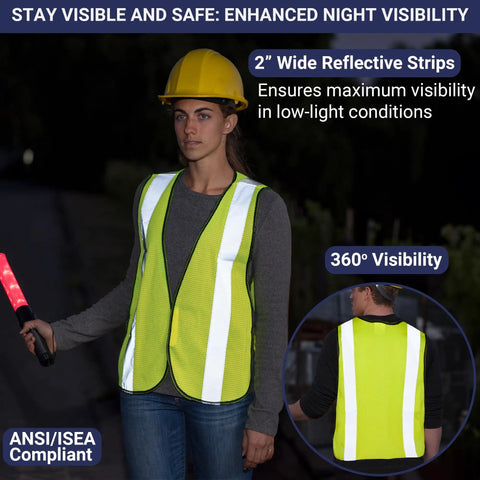 Hi Vis Safety Vest With 2 Inch Reflective Strips In Neon Yellow, Breathable Polyester Mesh, All Day And Night Visibility
