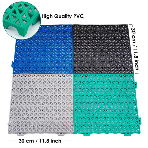Four colorful interlocking cushion anti-fatigue floor mats for pool deck drain patio balcony yard 12 pack heavy duty 11.8 inch tiles.