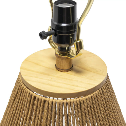 Top view of Boho Coastal Table Lamp With 23.5 Inch Paper Rope And Wood Base, showing bulb holder and light brown rope detailing