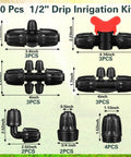 20 Piece Half Inch Drip Irrigation Fittings Kit For DIY Watering System with size details and connectors shown