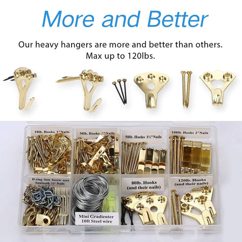 Heavy Duty Picture Hanging Kit With 225 Pieces Of Frame Hooks Nails Hanging Wire Screw Eyes D Rings And Sawtooth Hangers