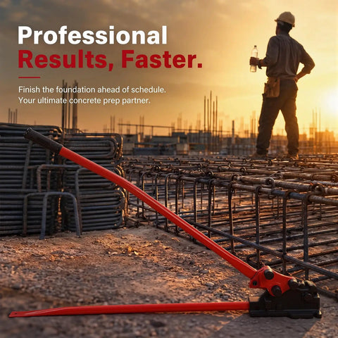 Threlaco 2 In 1 Rebar Bender And Cutter Manual Metal Rod Bending Tool Effortlessly Cut And Bend Steel Rebar Up To 5/8 Inch Diameter Heavy Duty Construction Grade Bending Machine For DIY And Pro Jobs Red on a construction site at sunset.