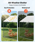 Large Metal Chicken Coop With Walk In Run And Spire Roof For Outdoor Backyard Farm Poultry Pen For Ducks And Rabbits Weatherproof Galvanized Steel 19.7 By 9.8 By 6.5 Ft Security Lock showing sun protection and waterproof features.