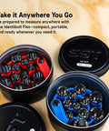 Open Identibolt Flex Portable Nut And Bolt Thread Gauge Checker kit with black and red tools for Imperial SAE and Metric threads.