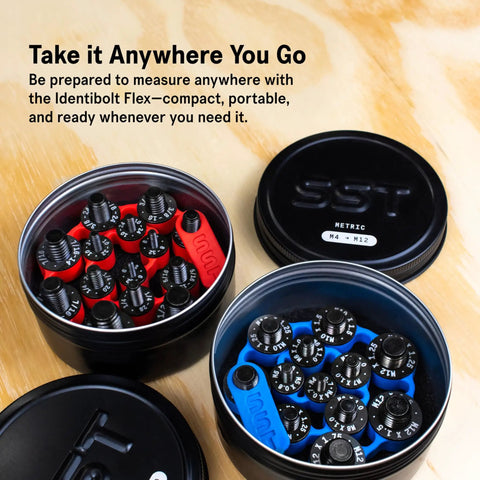 Open Identibolt Flex Portable Nut And Bolt Thread Gauge Checker kit with black and red tools for Imperial SAE and Metric threads.