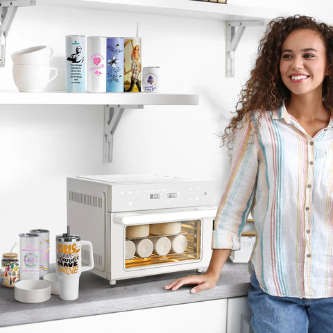32Qt Side Hustle Essential Convection Sublimation Oven Running Custom Drinkware Crafts Smooth With 1800W Quick Heat Plus Hot Air Gun Wraps Gloves Transfer Tape with mugs and tumblers on display.